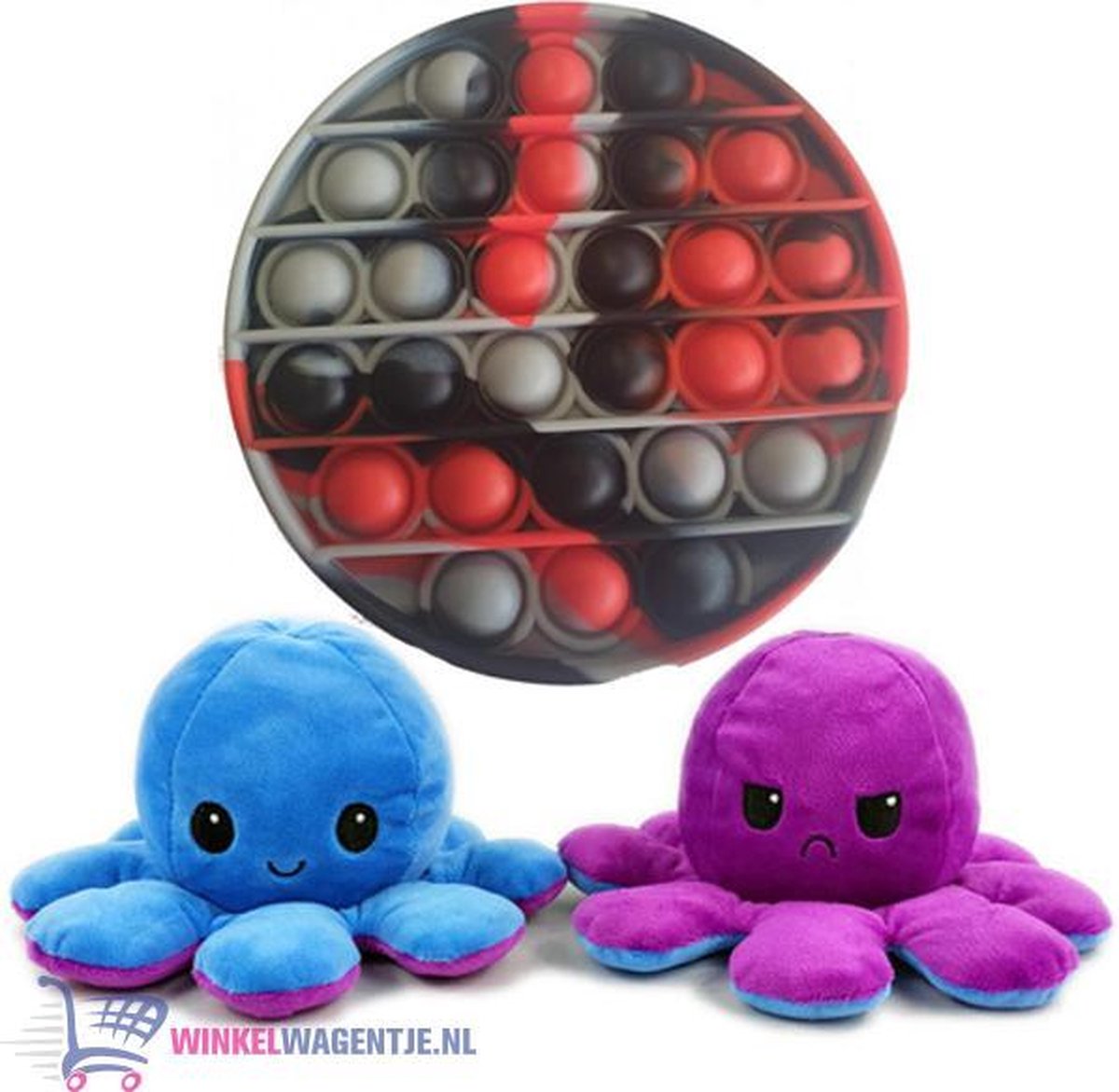 Pop It Fidget Toy (Zwart/Rood/Grijs) + Octopus Mood Knuffel (Paars/Blauw) | pop it fidget toy goedkoop, fidget toy, fidget toys pakket, fidget toys pop it, fidget toys stressbal, speelgoed voor kinderen, TikTok